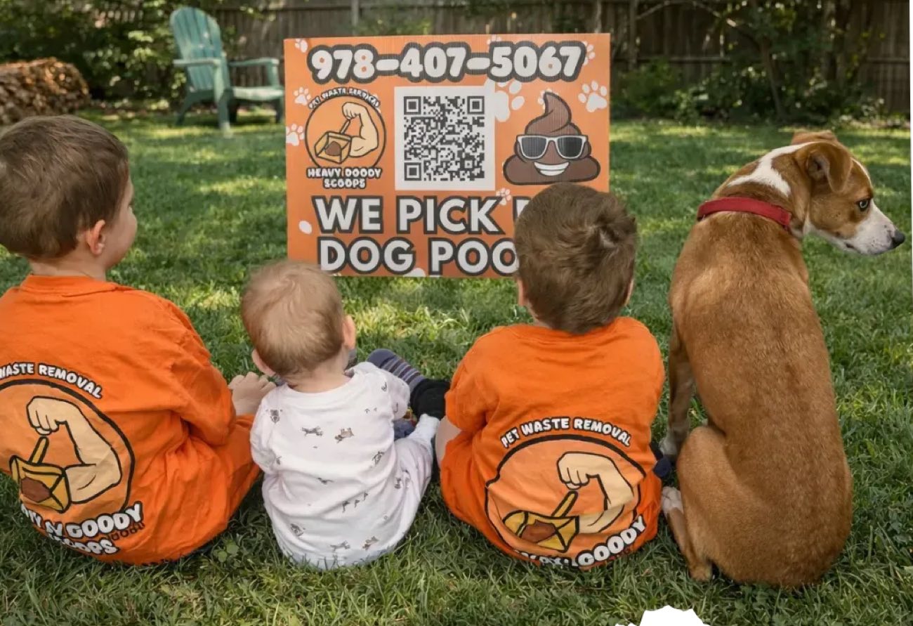 Mark's three boys in Heavy Doody Scoops shirts sitting in the grass with the family dog, looking at the company yard sign